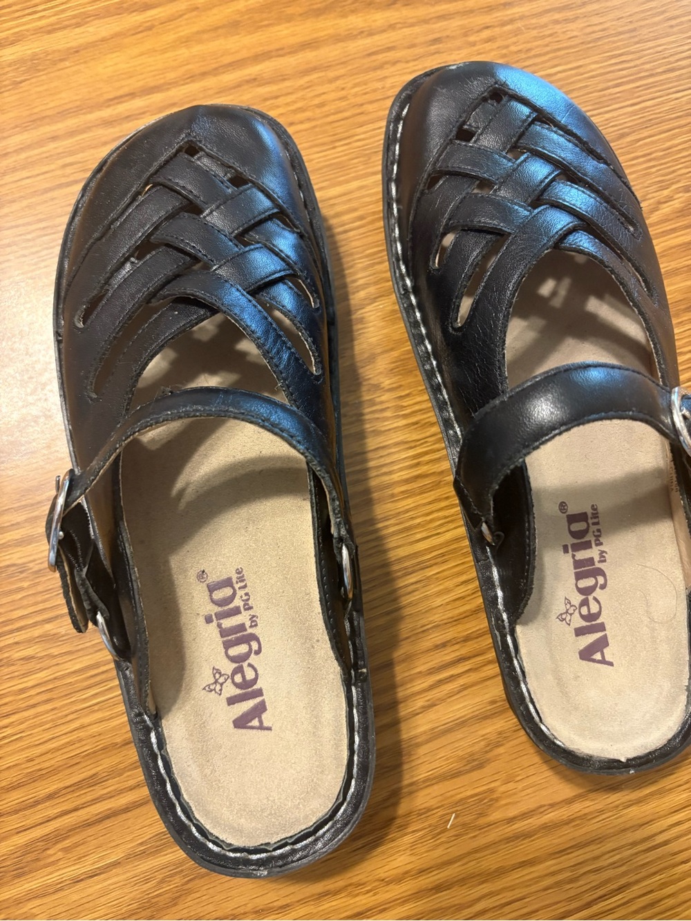 Alegria Ladies Black Leather Mary Jane Sandals with Buckle Strap